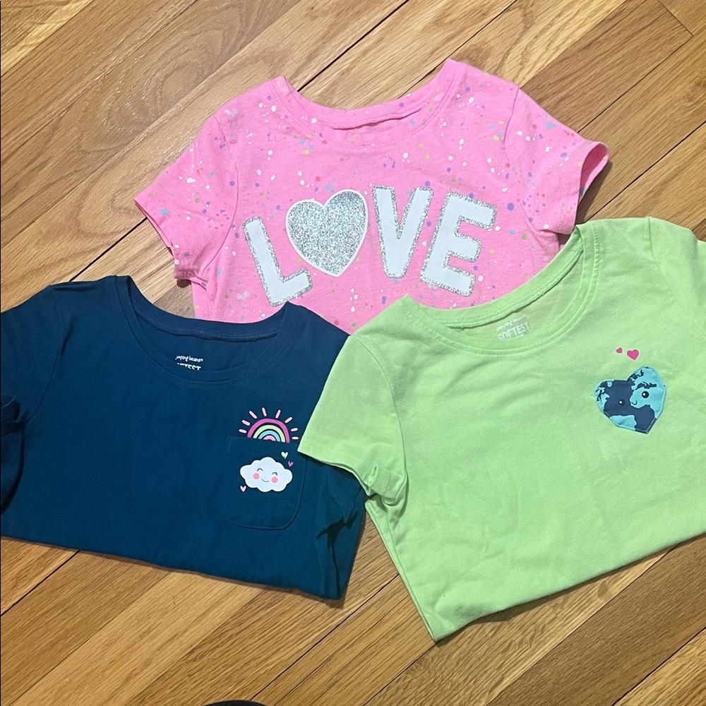 Kids Short Sleeve Tees - Pink Splatter  “Love”, Green Earth, Blue Rainbow
